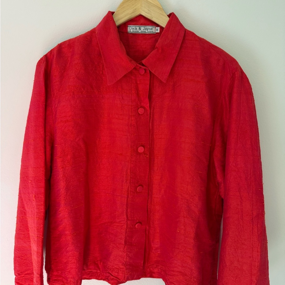 100% Vintage 80s Silk Iridescent Red/Orange Button-Up Women's Pant & Blouse Set